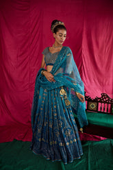 Teal ombré kamdani mukaish lehnga and dupatta with gota blouse - Sohni